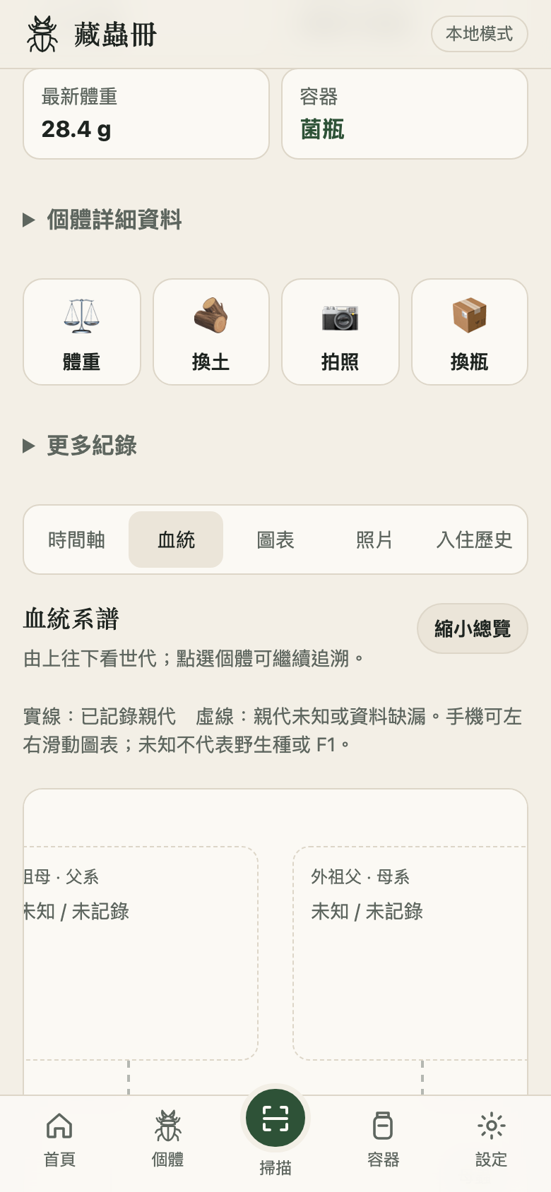 示範個體 TW-001 的血統頁,顯示父蟲 P-01、母蟲 P-02 與家系關聯。